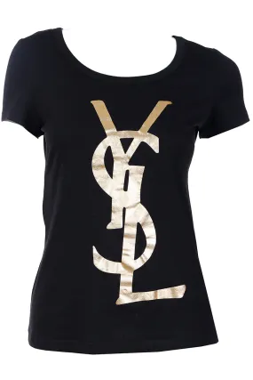 2000s Yves Saint Laurent YSL Gold Logo Black Tee Shirt