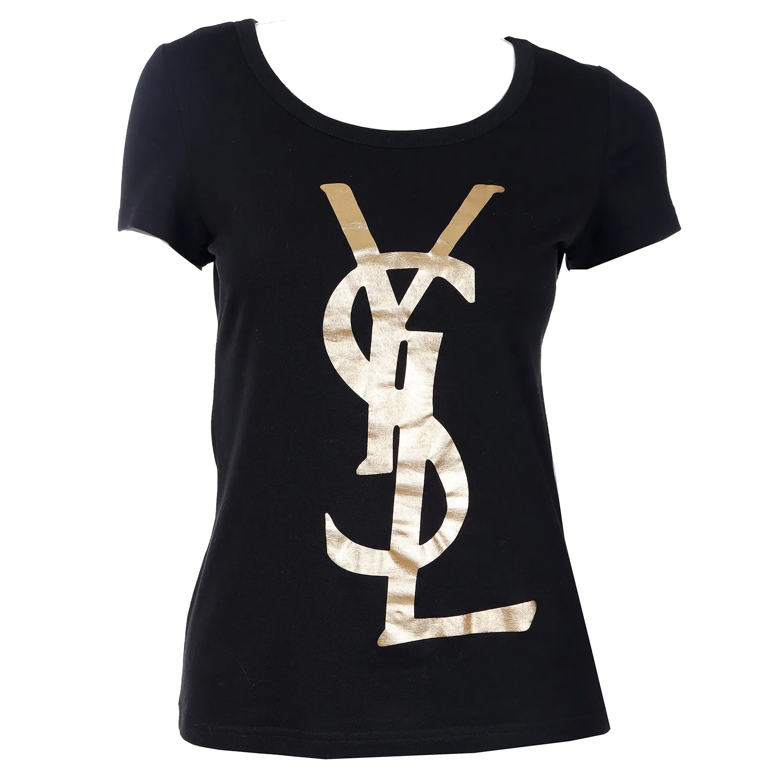 2000s Yves Saint Laurent YSL Gold Logo Black Tee Shirt