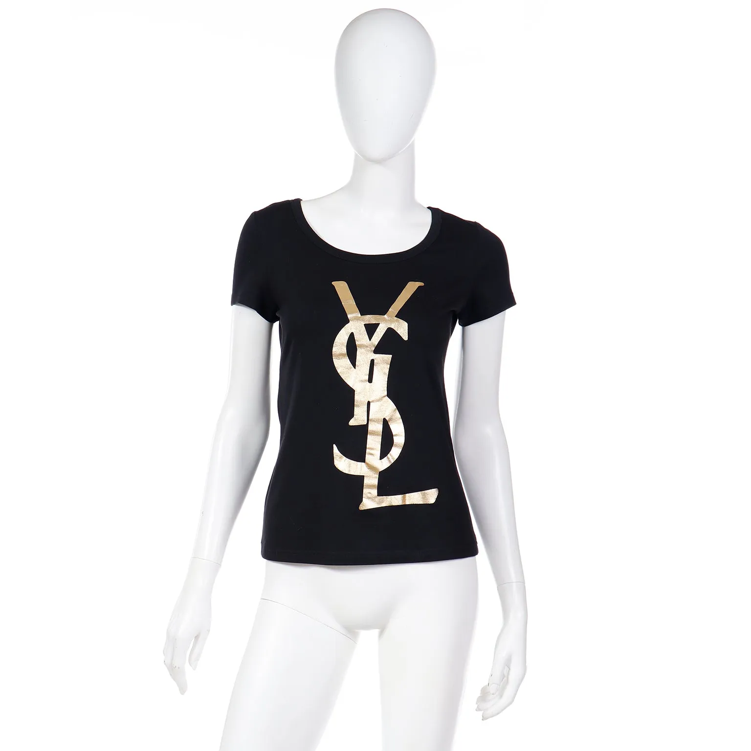 2000s Yves Saint Laurent YSL Gold Logo Black Tee Shirt