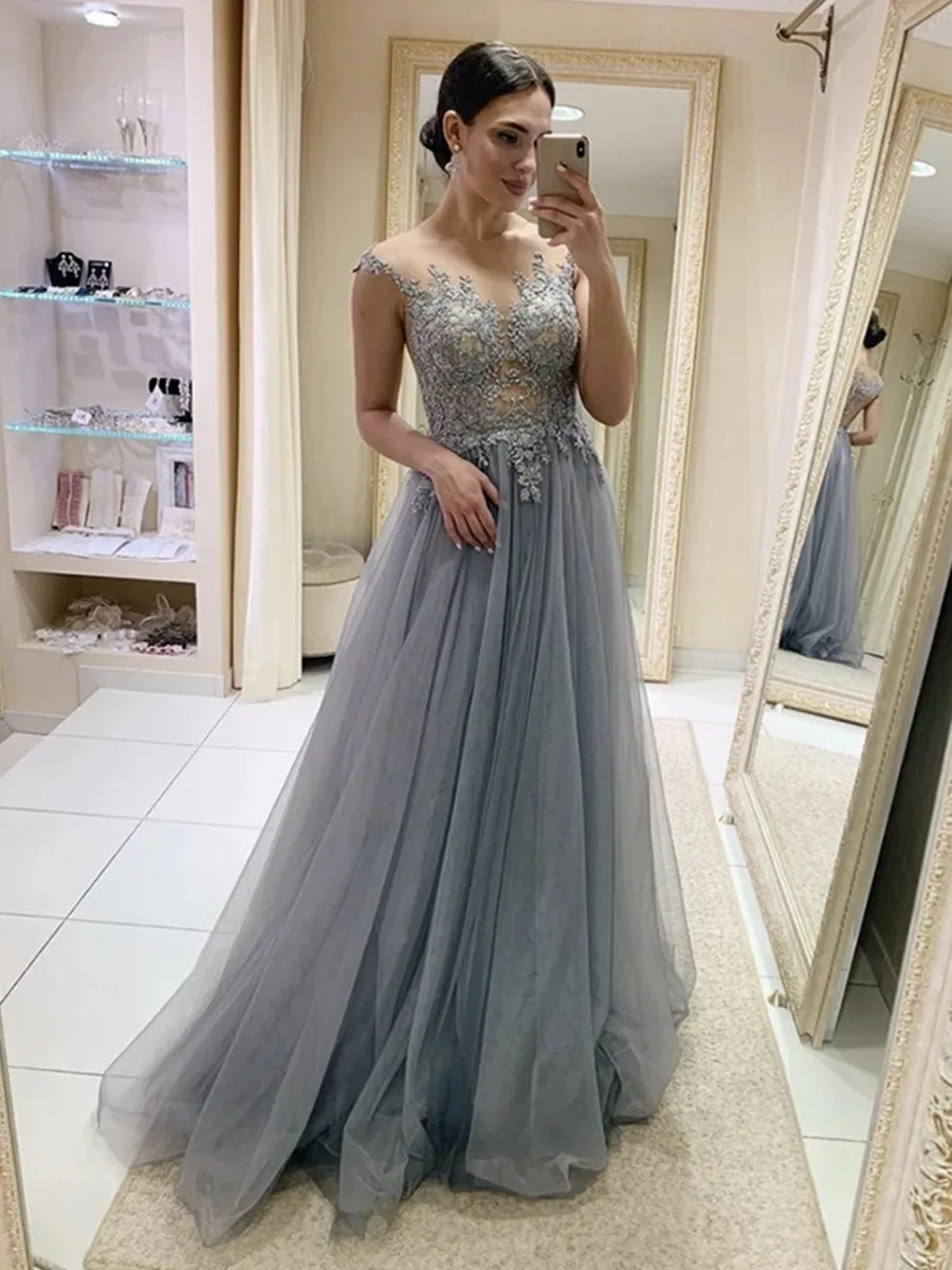 A Line Round Neck Cap Sleeves Gray Lace Prom, Gray Lace Formal, Gray Evening