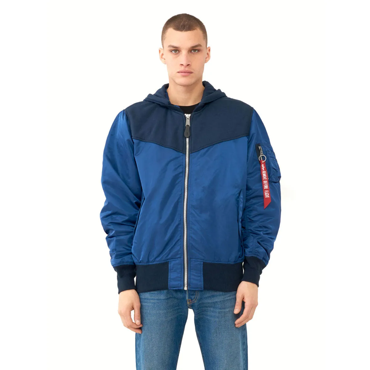 Alpha Industries Men's Blue No. 9 L-2B Hooded Yoke Loose Flight Jacket