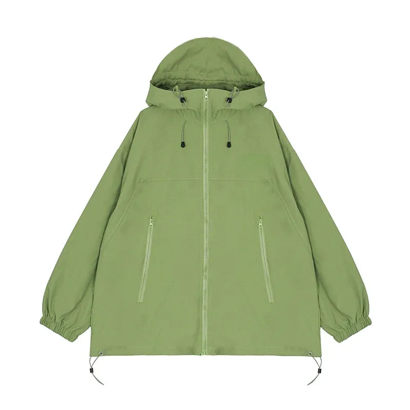 Autumn Waterproof Jacket with Hooded Women Pure Color Zipper Loose Windbreaker Korean Fashion Y2k Clothing Trench Coat Chic