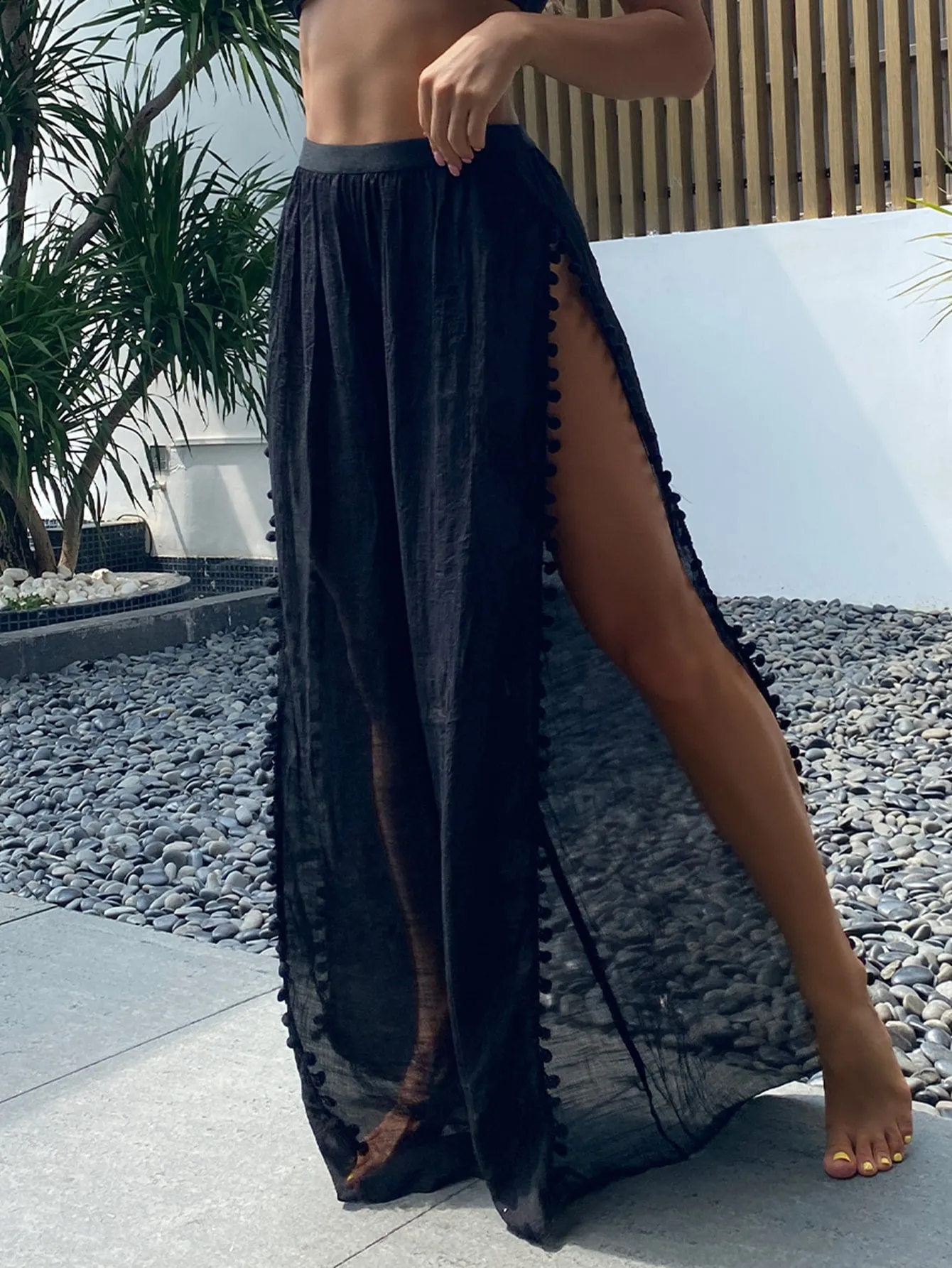 Black Linen Side Slit Wide Leg Pants