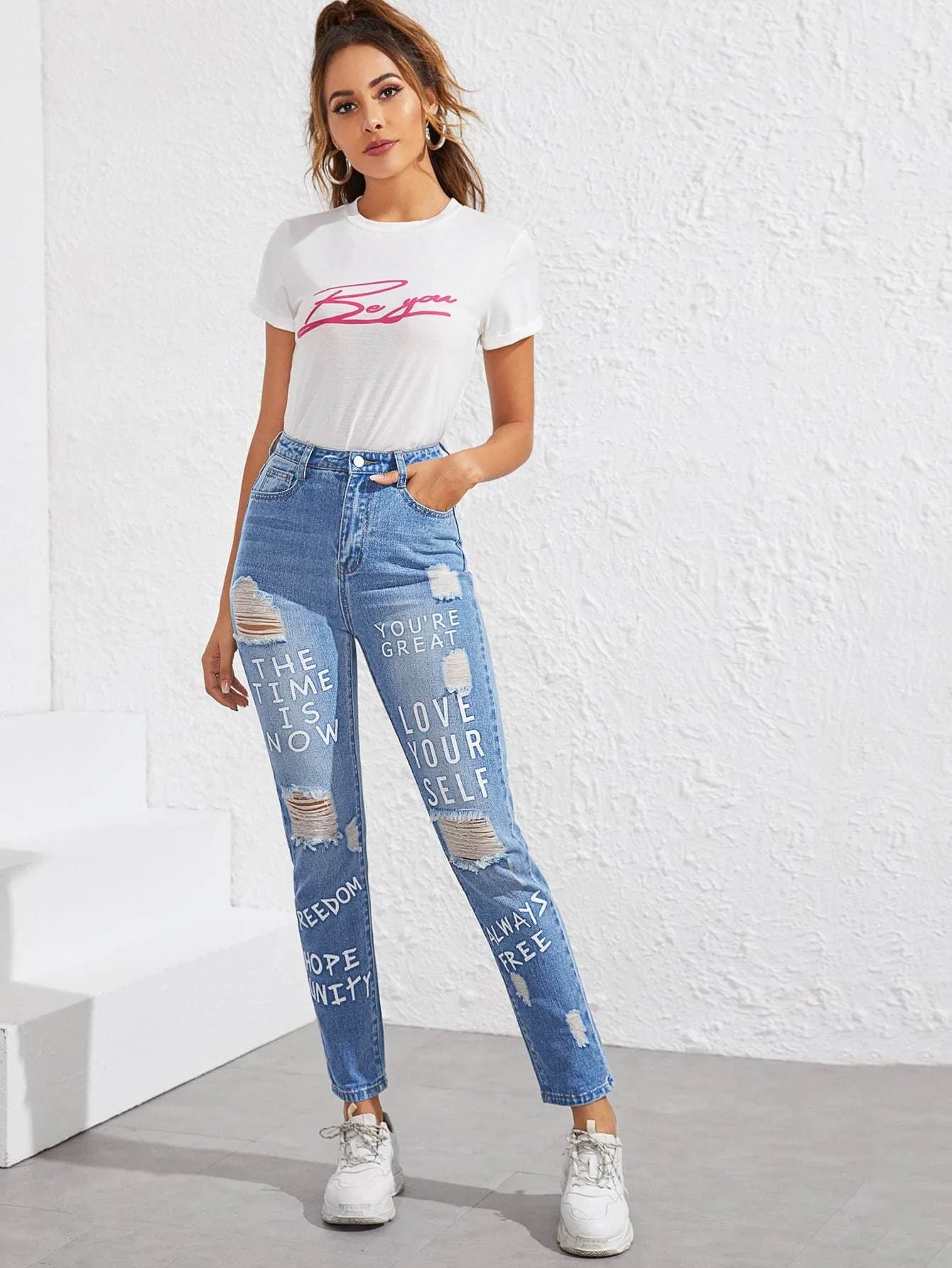 Blue Slogan Print Raw Hem Ripped Tapered Jeans