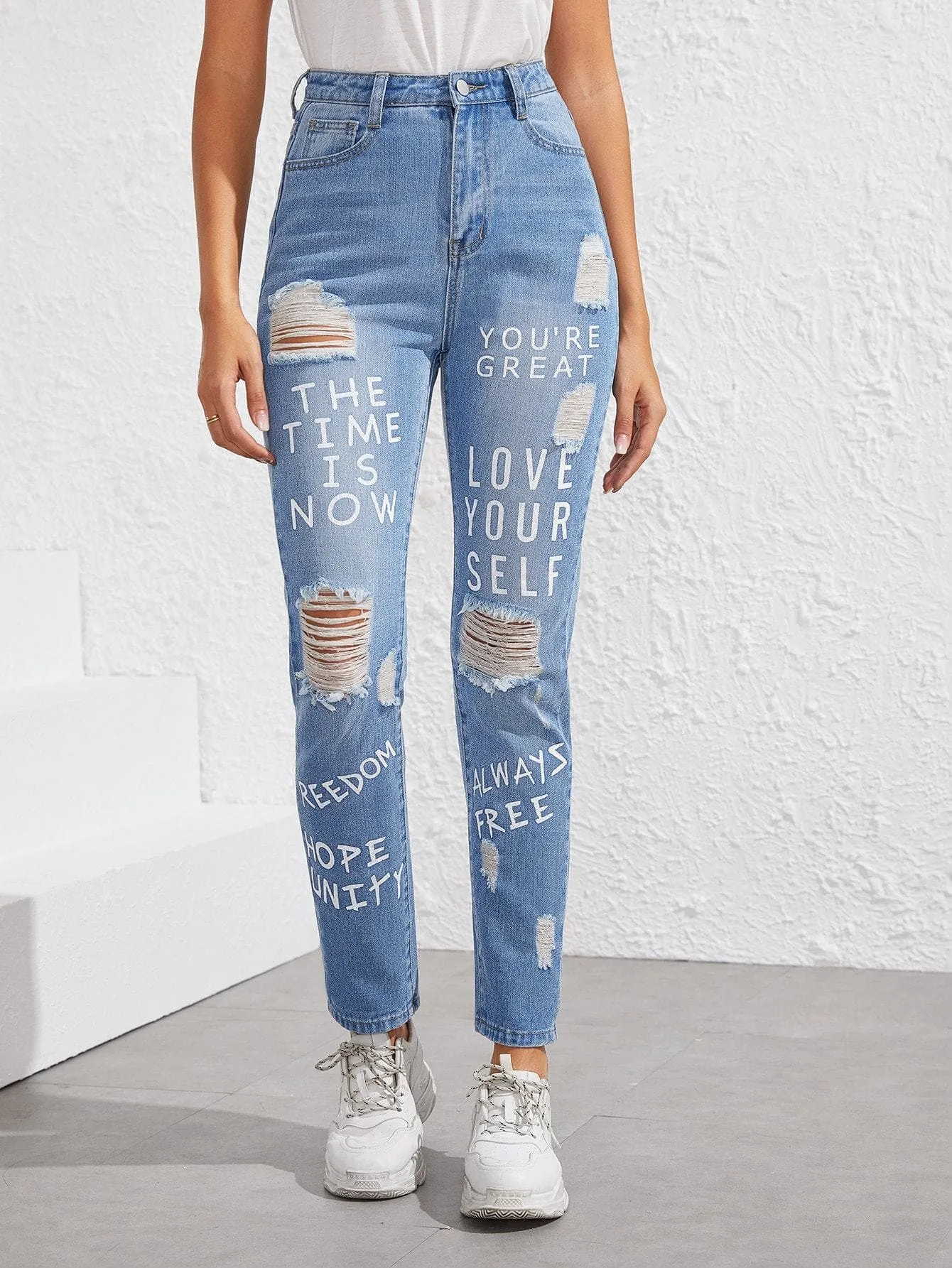 Blue Slogan Print Raw Hem Ripped Tapered Jeans