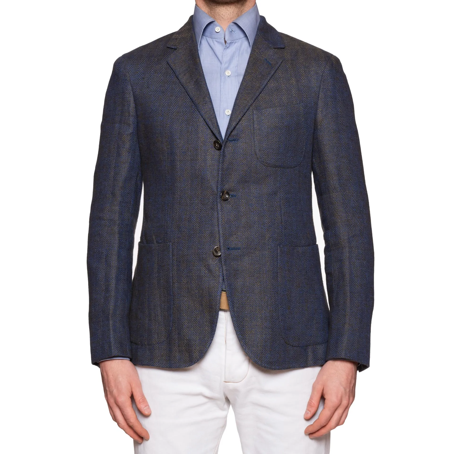 BOGLIOLI Milano "Dover" Blue Herringbone Linen-Cotton Unlined Jacket 48 NEW 38