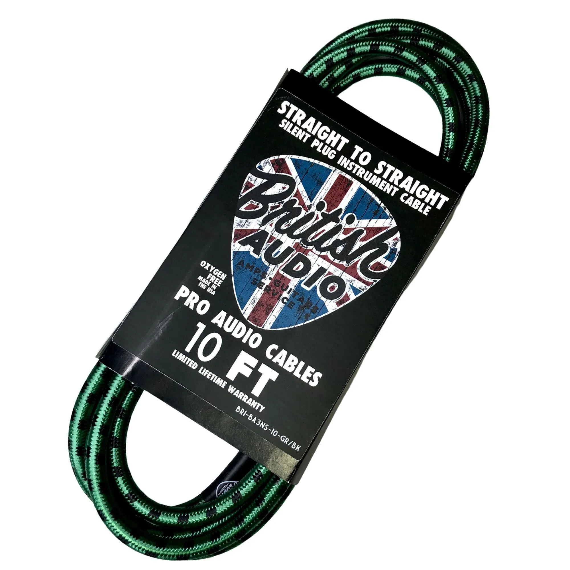 British Audio Pro Performance Silent Instrument Cable - Straight Silent to Straight (Bright Green & Black Braid)