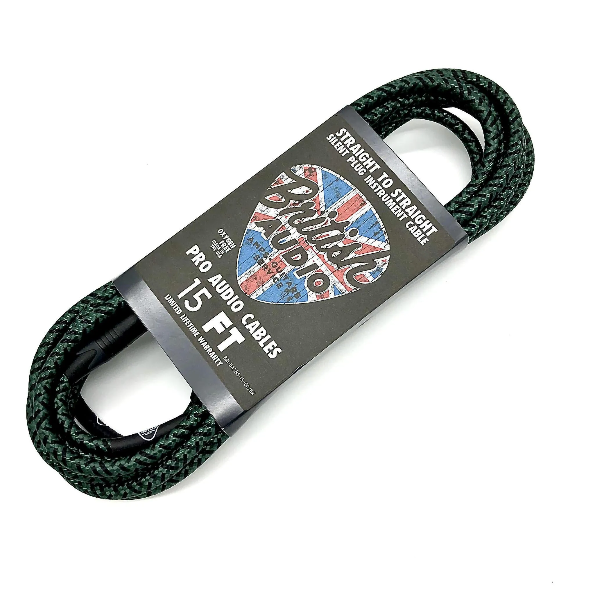 British Audio Pro Performance Silent Instrument Cable - Straight Silent to Straight (Kemper Green & Black Braid)