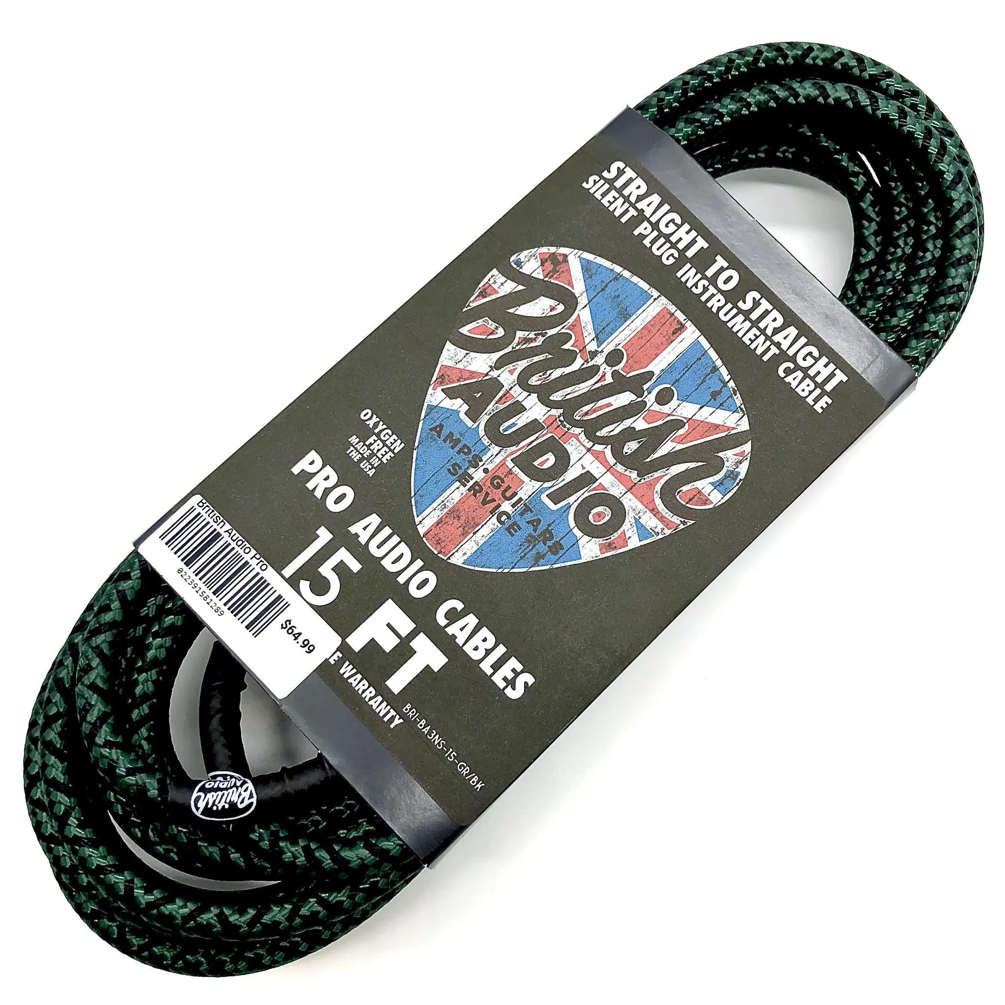 British Audio Pro Performance Silent Instrument Cable - Straight Silent to Straight (Kemper Green & Black Braid)