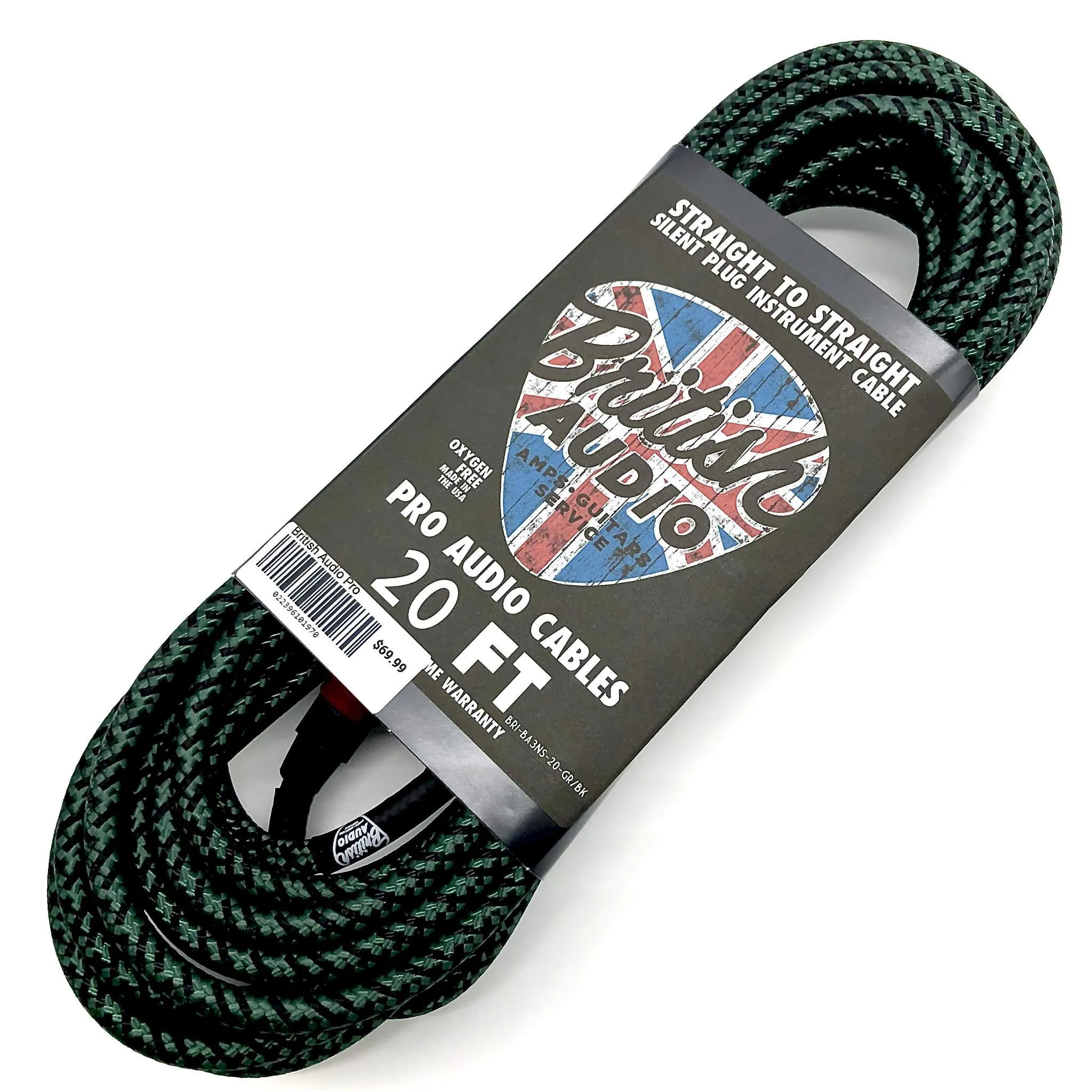 British Audio Pro Performance Silent Instrument Cable - Straight Silent to Straight (Kemper Green & Black Braid)