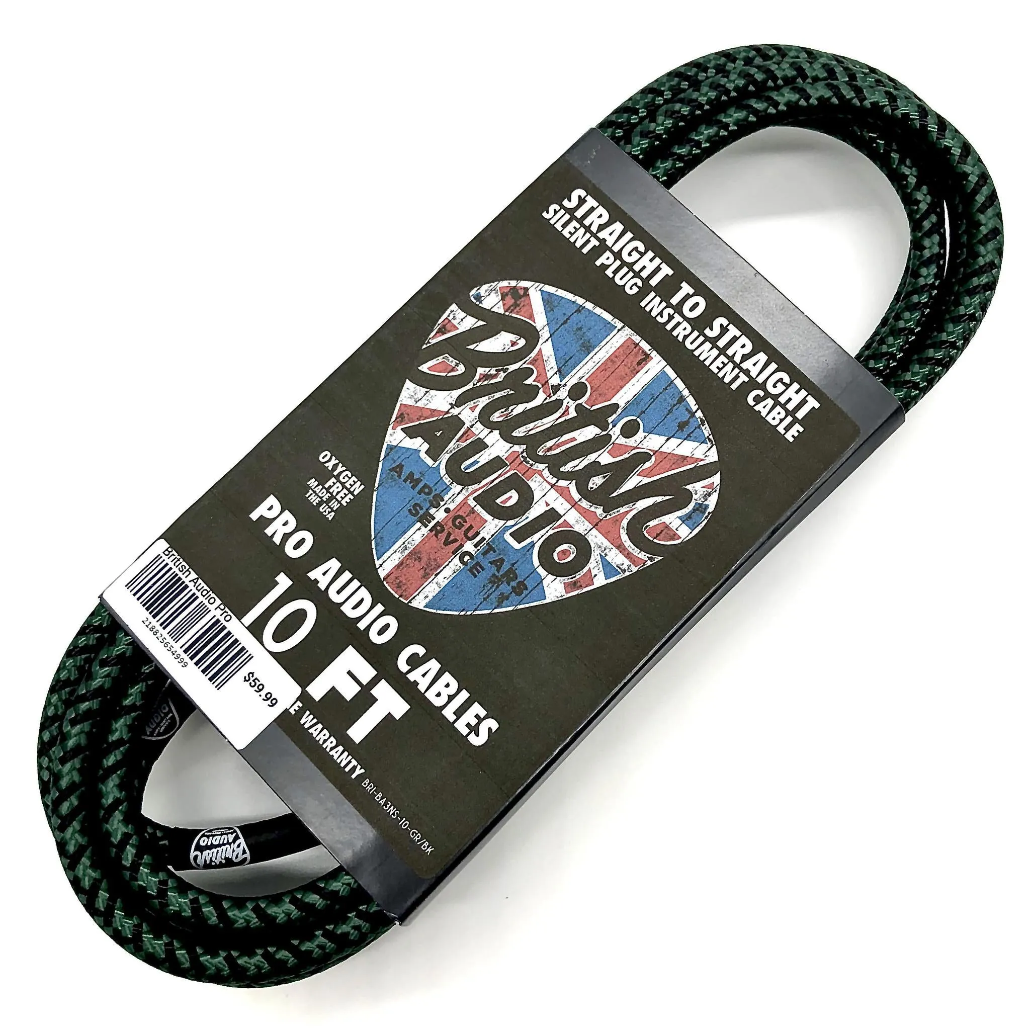 British Audio Pro Performance Silent Instrument Cable - Straight Silent to Straight (Kemper Green & Black Braid)