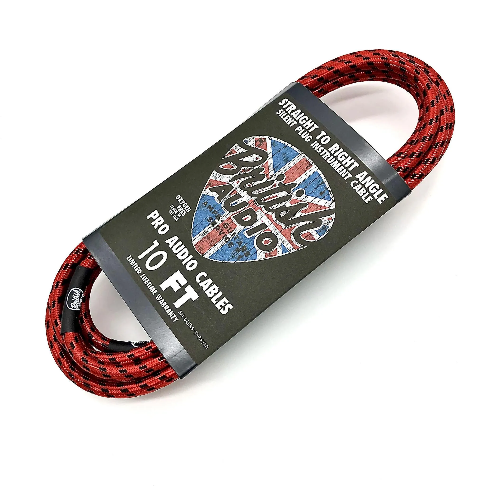British Audio Pro Performance Silent Instrument Cable - Straight Silent to Straight (Red & Black Braid)