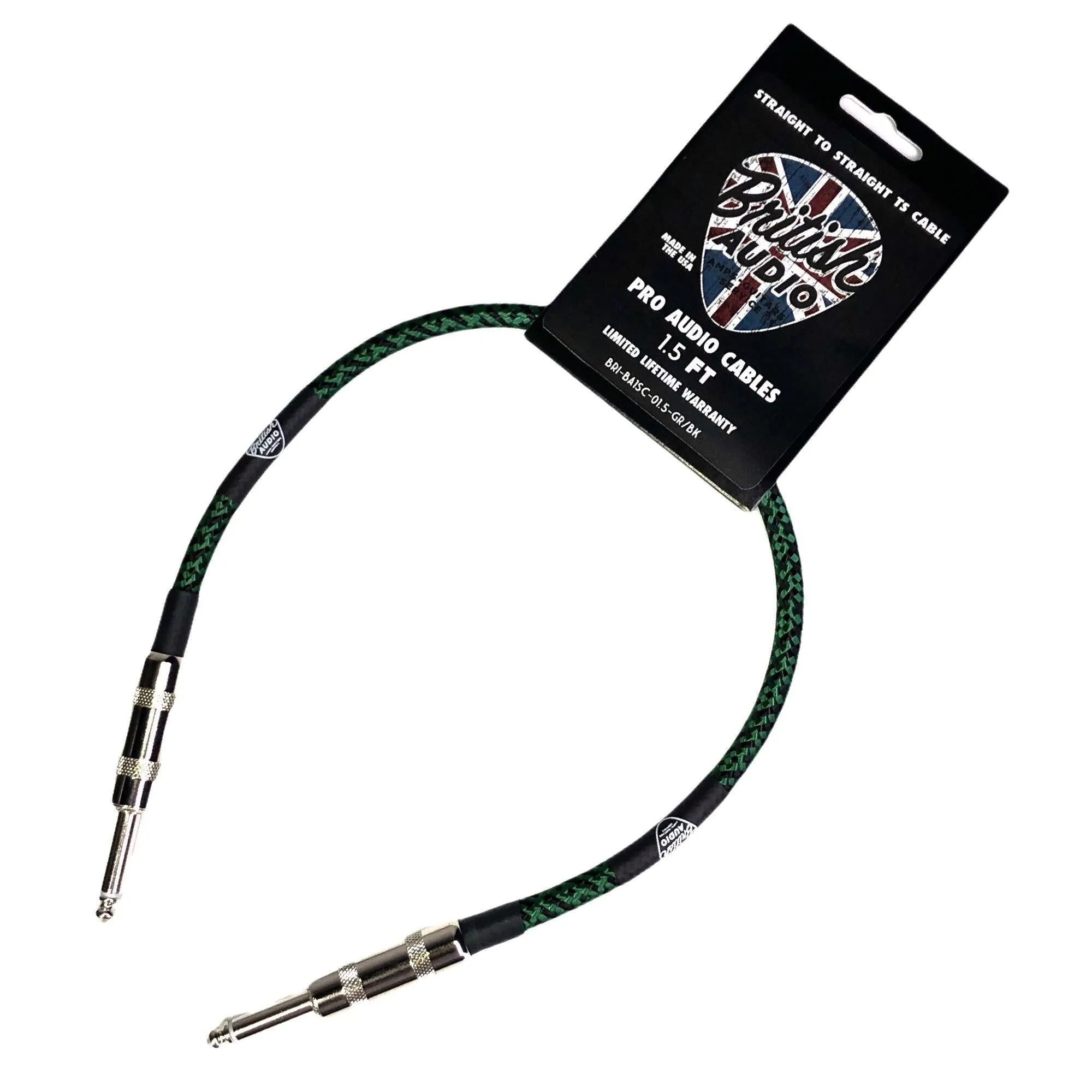 British Audio Pro Performance Straight to Straight TS Cable  (Kemper Green Braid) 1.5 Ft (18 in)