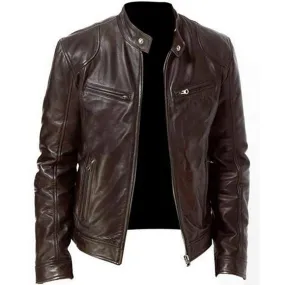 Brown Sword Leather Biker Jacket For Men