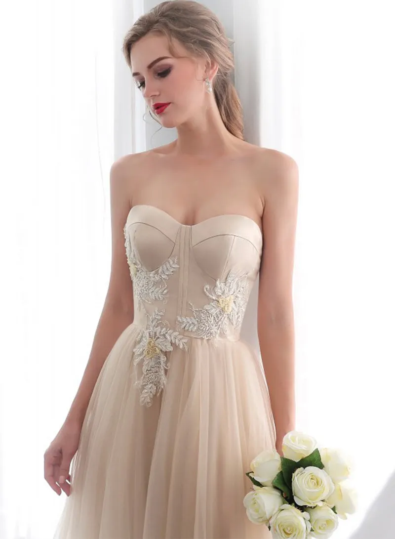Champagne Strapless Tulle Lace Long Prom Dress, Champagne Floor Length Evening Dress