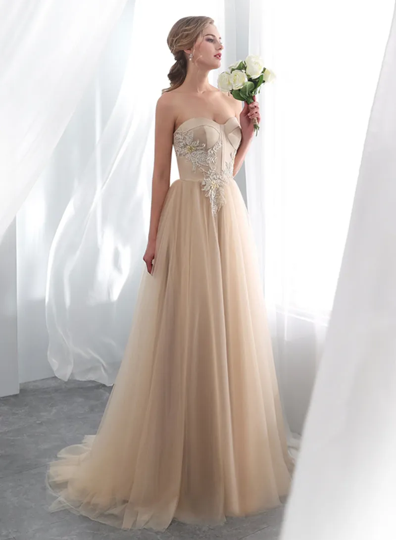 Champagne Strapless Tulle Lace Long Prom Dress, Champagne Floor Length Evening Dress