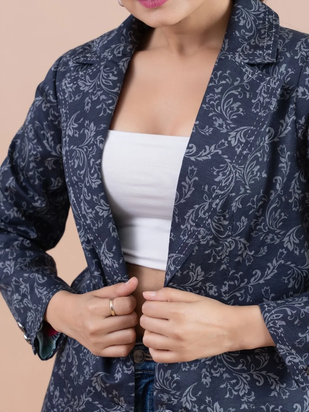 classic pure cotton floral printed lapel collared button down , full sleeve jacket with oxidised metal buttons.- Blue