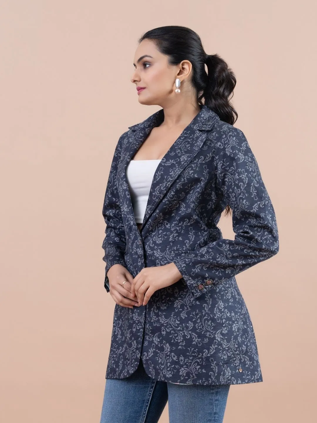 classic pure cotton floral printed lapel collared button down , full sleeve jacket with oxidised metal buttons.- Blue