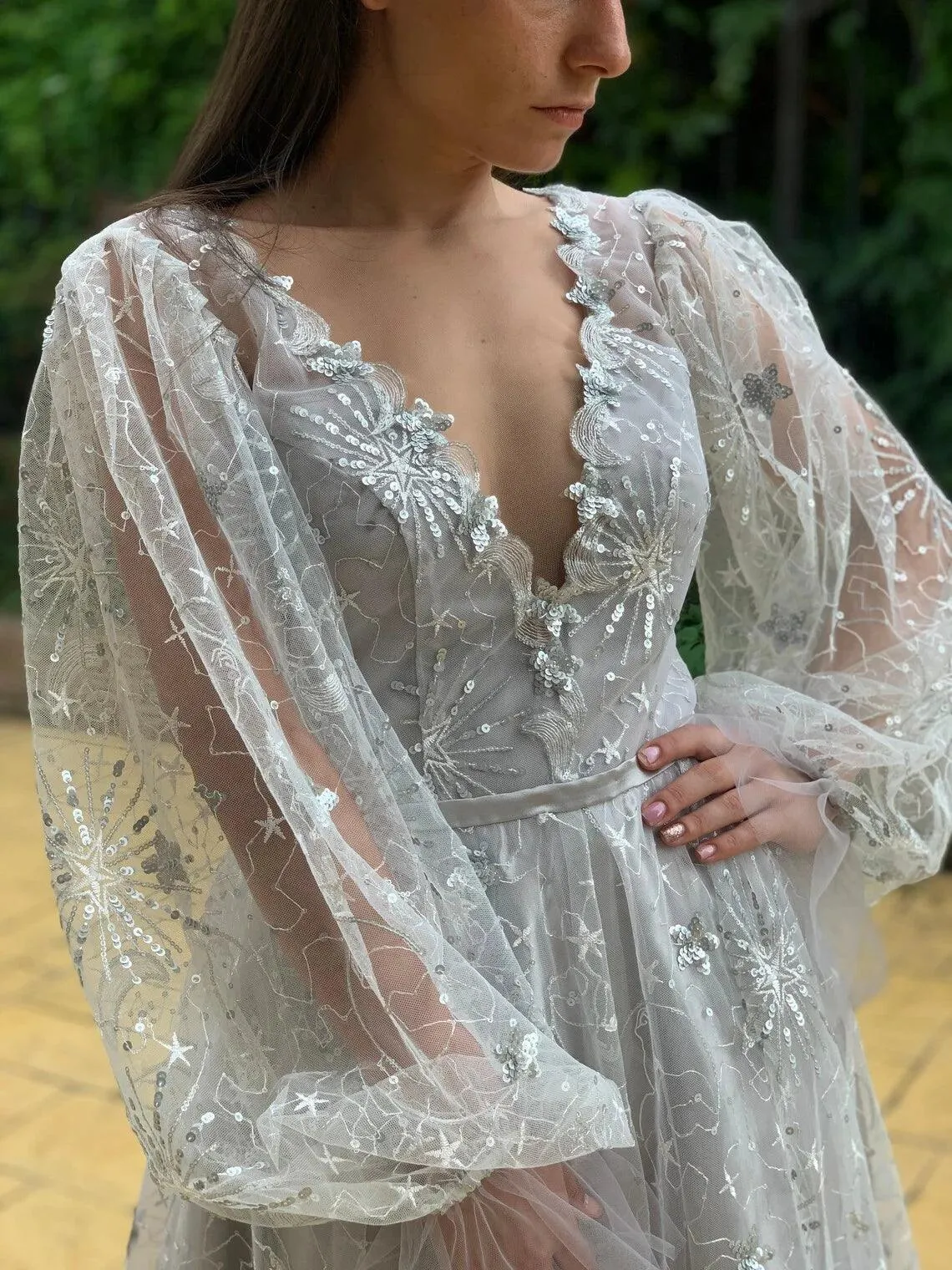 CLEARANCE | Celestial Unique Boho Wedding Dress in gray