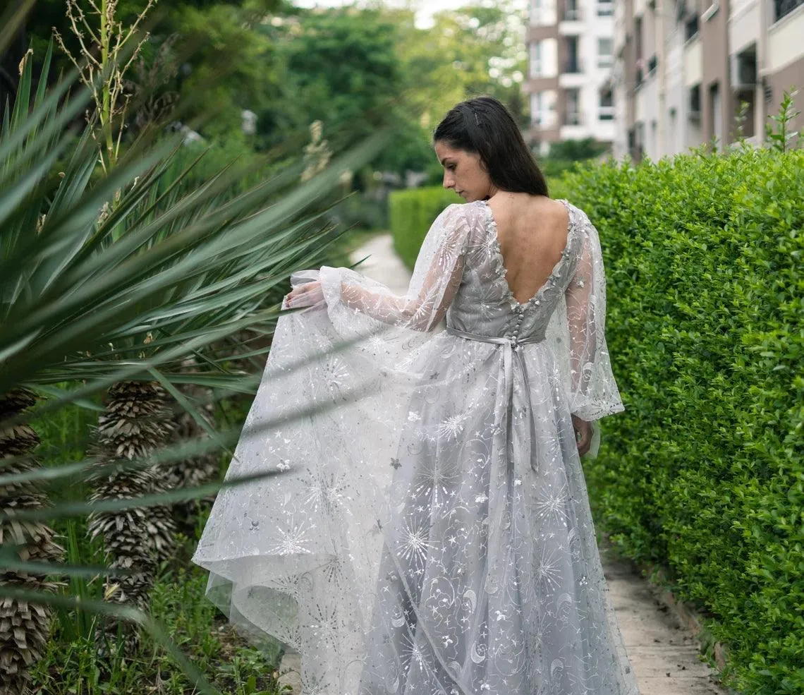 CLEARANCE | Celestial Unique Boho Wedding Dress in gray