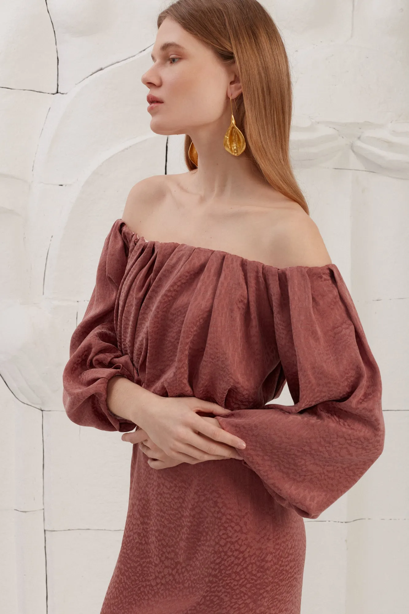 DELIA terracotta off shoulder midi dress