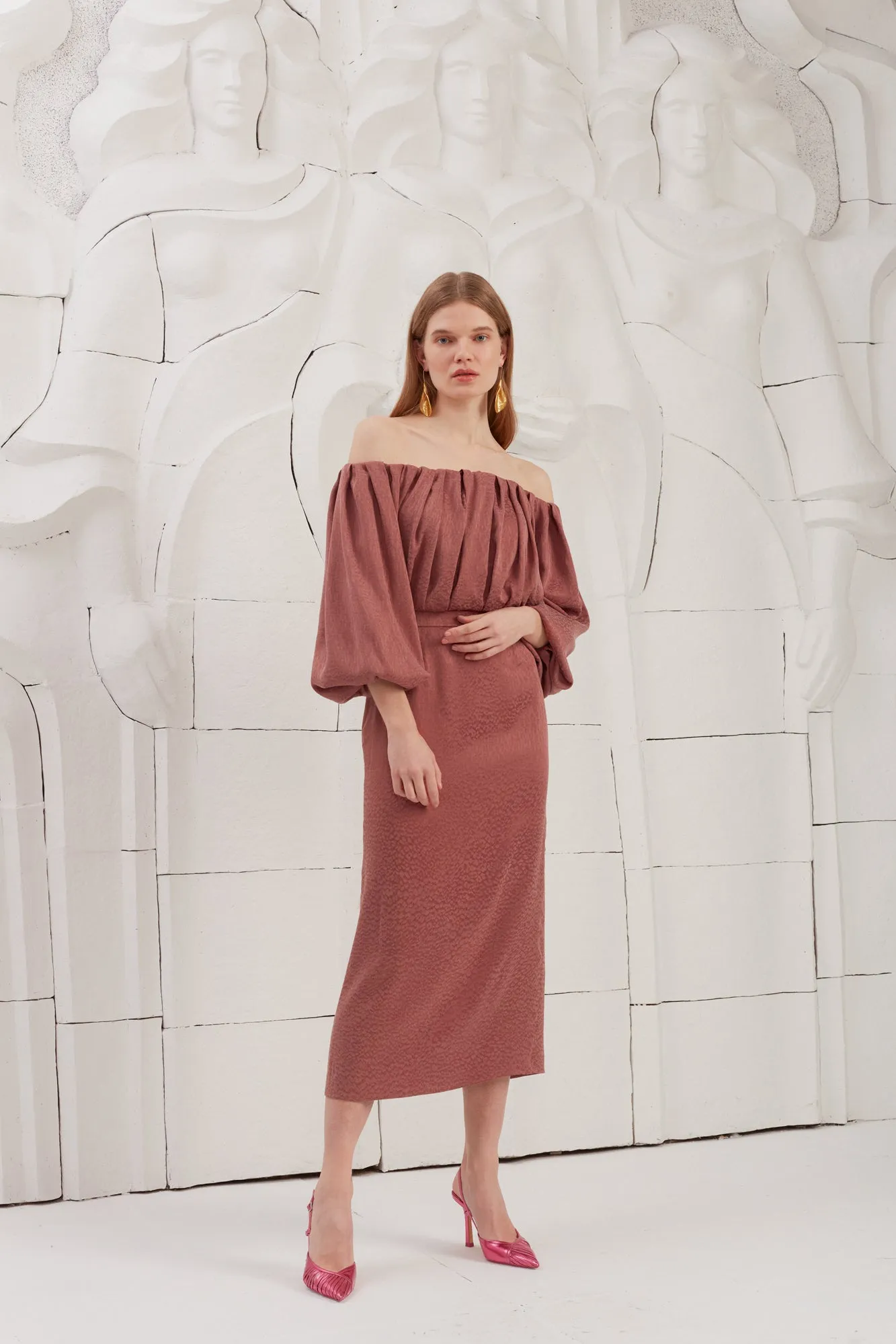 DELIA terracotta off shoulder midi dress