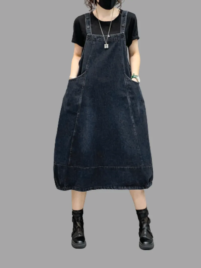 Denim Mid-Length Over-The-Knee Casual Salopette Dress