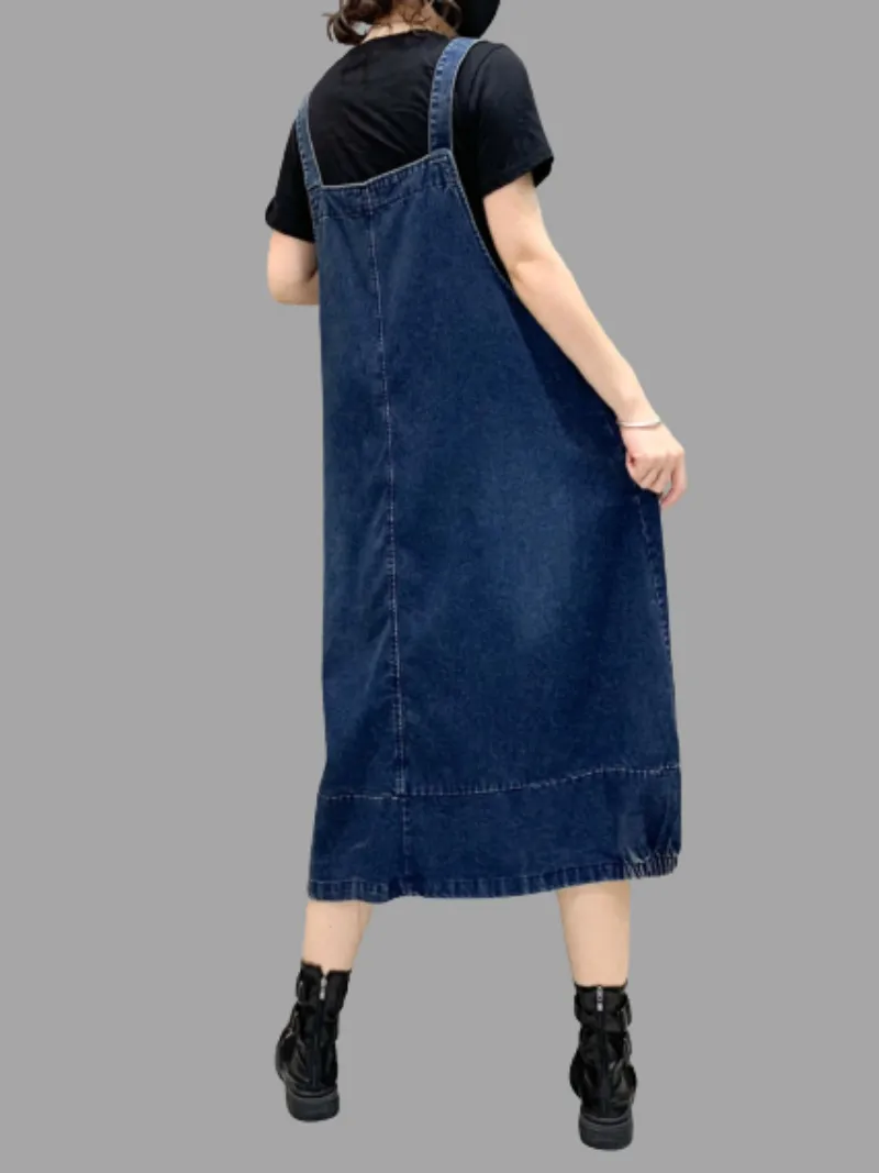 Denim Mid-Length Over-The-Knee Casual Salopette Dress