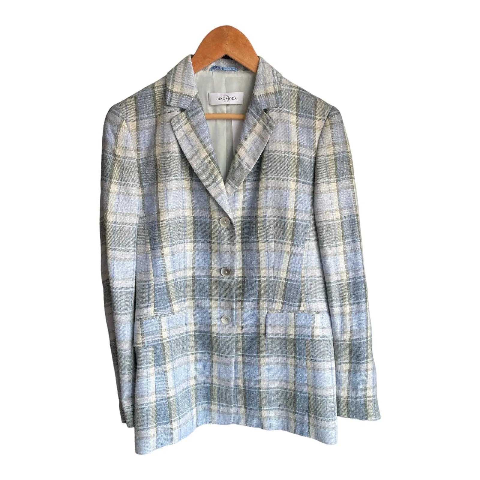 Dinomoda Silk & linen Blend Pale Blue Checked Long Sleeved Jacket UK Size 8