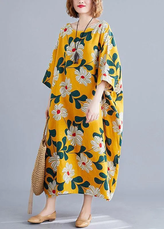 DIY o neck pockets linen cotton dress Tunic Tops yellow print Dresses