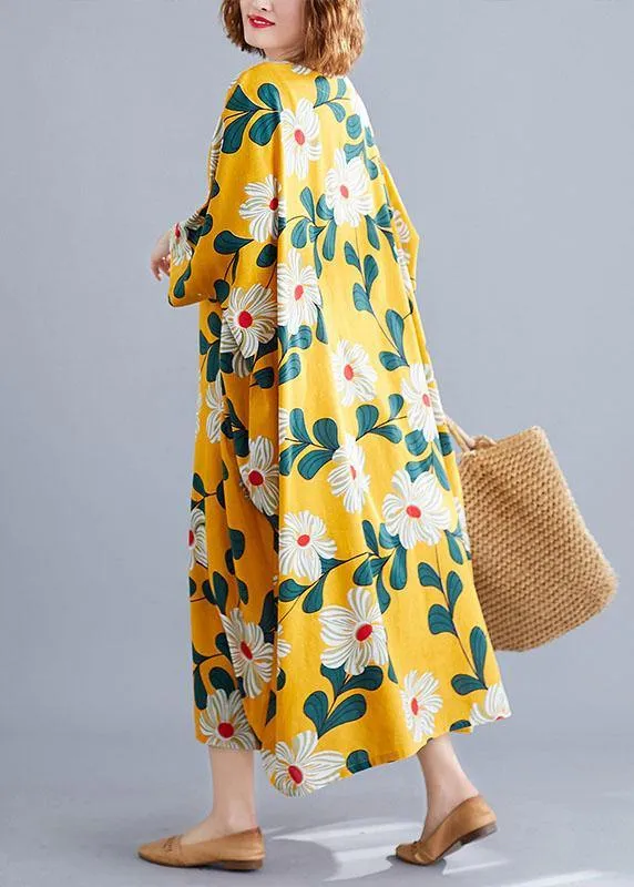 DIY o neck pockets linen cotton dress Tunic Tops yellow print Dresses