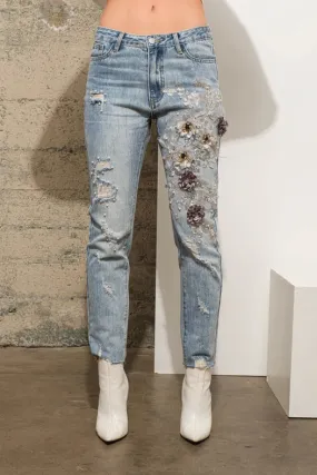 Garment Washed Flower Embellished 3D Denim Jeans