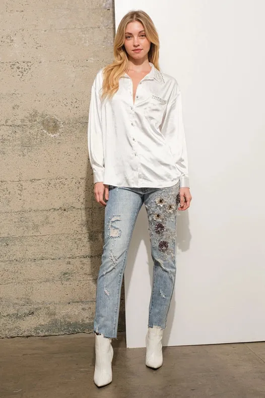 Garment Washed Flower Embellished 3D Denim Jeans