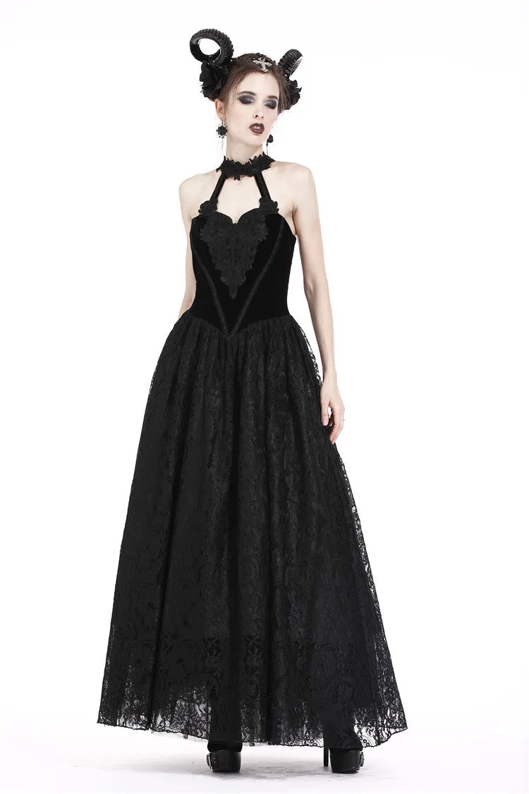 Gothic noble velvet lace long dress with hearted flower design DW187