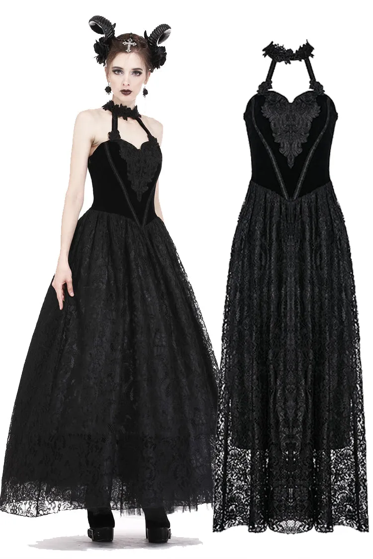 Gothic noble velvet lace long dress with hearted flower design DW187