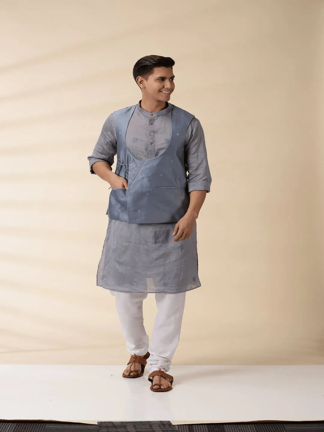 Grey Chanderi Men's Achkan Jacket & Kurta Set