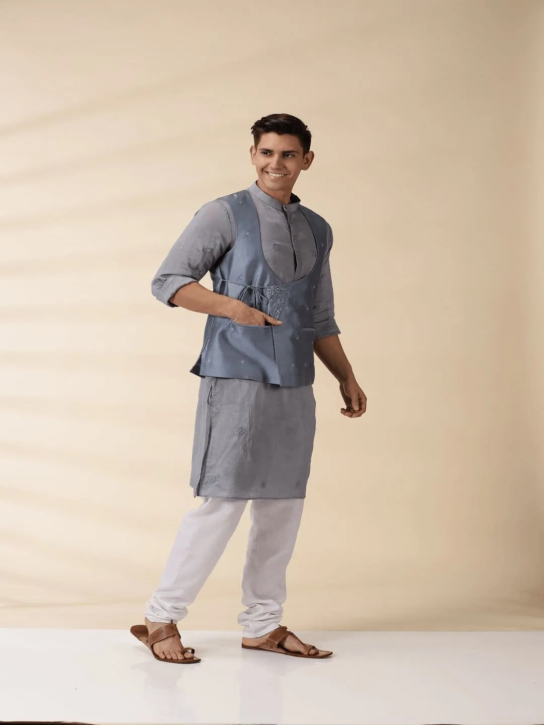 Grey Chanderi Men's Achkan Jacket & Kurta Set