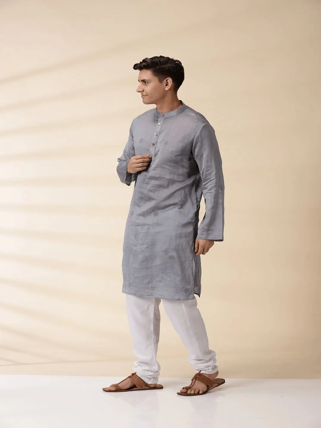 Grey Chanderi Men's Achkan Jacket & Kurta Set