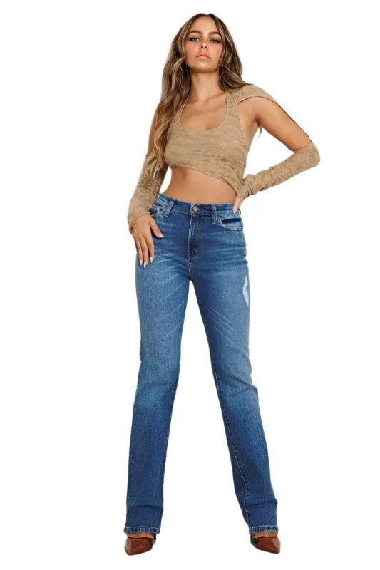 High Rise Subtle Distressed Straight Jeans