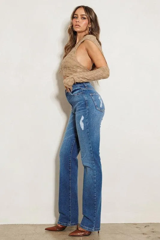 High Rise Subtle Distressed Straight Jeans