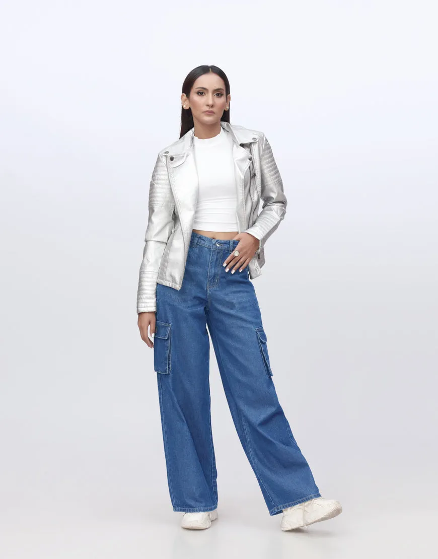 High Rise Wide Leg Cargo Stone Blue