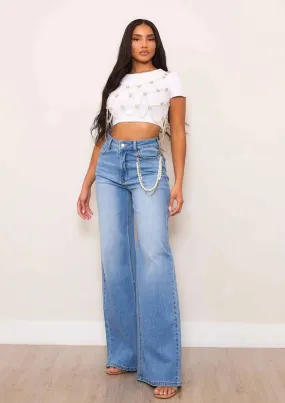 High-Rise Wide Leg Jeans with Pearl String