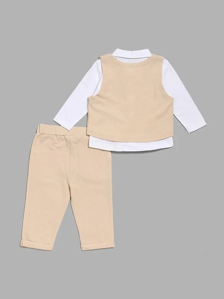 HOP Baby White Shirt with Light Beige Jacket, Pants & Bow Set