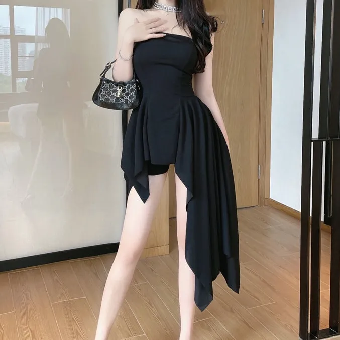 Irregular Fit Tube Top Cocktail Dress Black Shorts Set