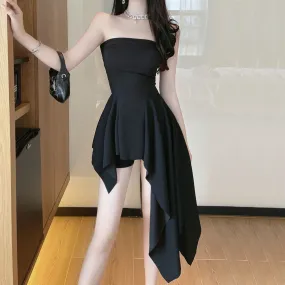 Irregular Fit Tube Top Cocktail Dress Black Shorts Set