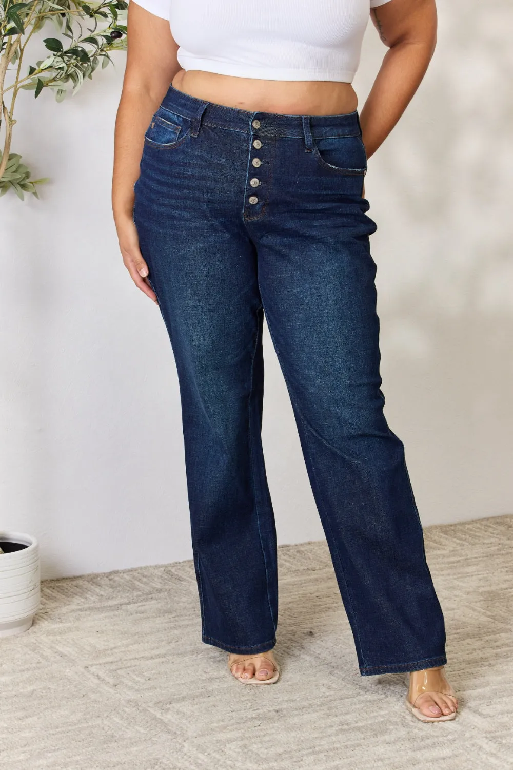 KESLEY Button-Fly Straight Leg Jeans Petite and Plus Size Denim Pants Cotton