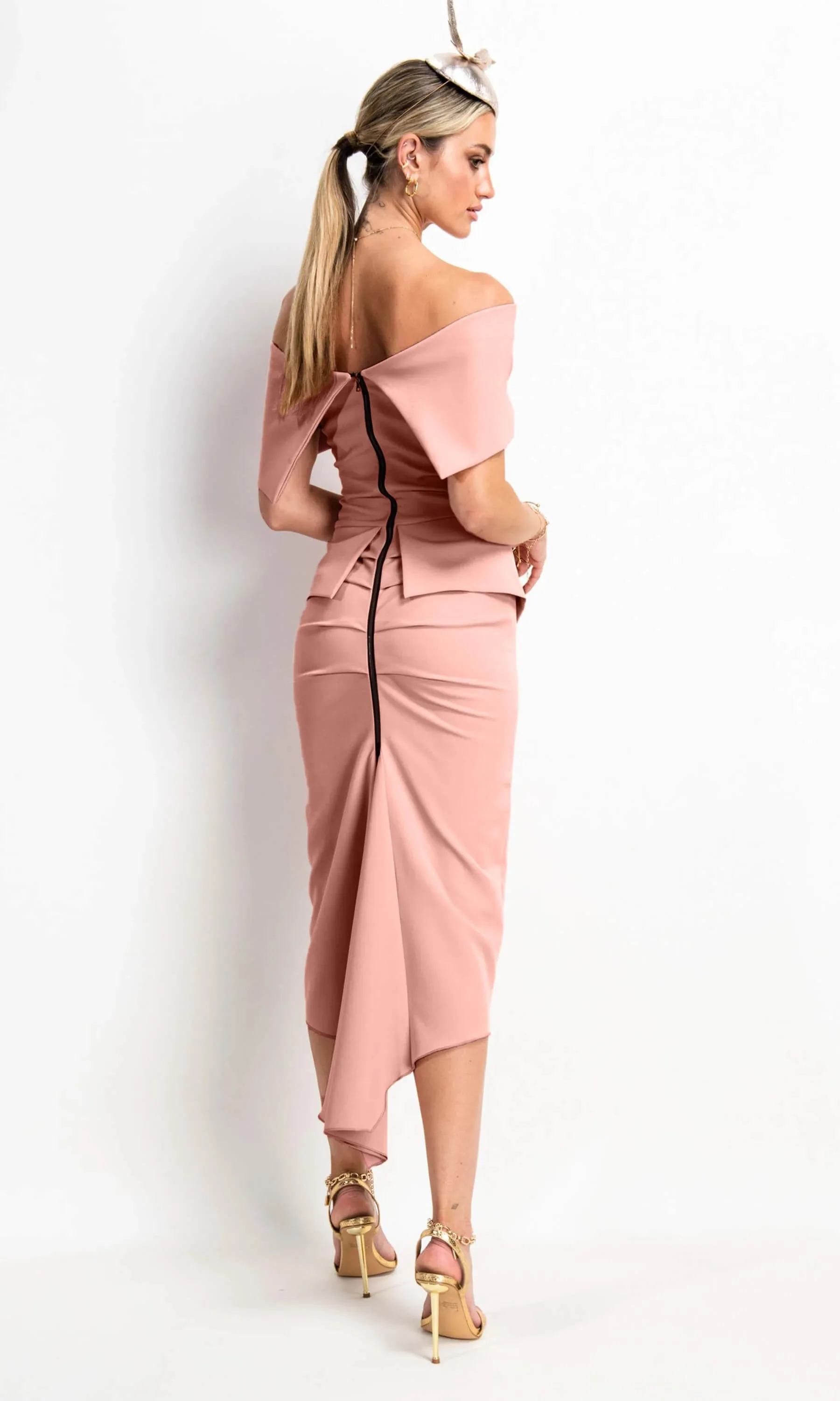 Kevan Jon peplum Queenie Bardot dress in blush pink