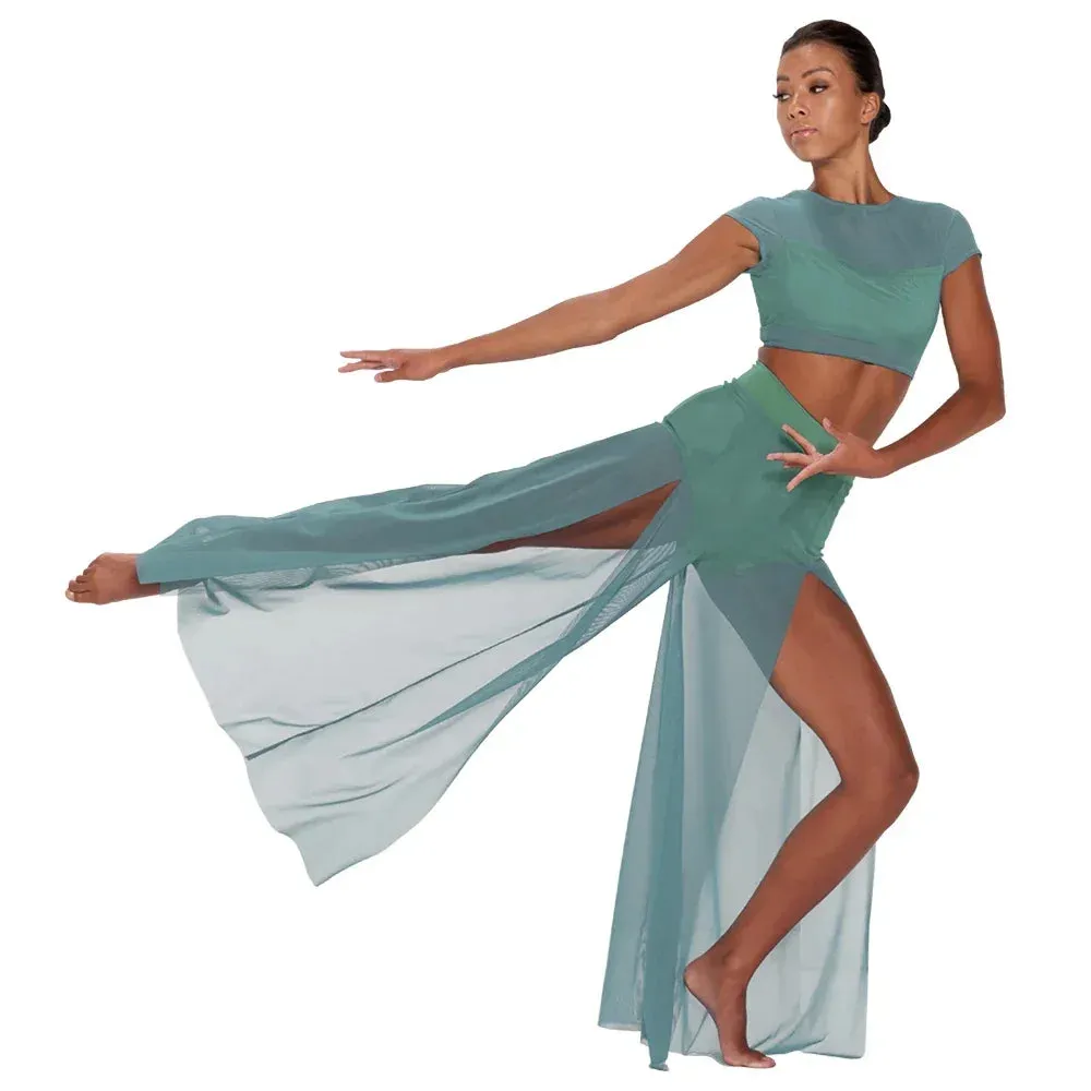 LC990  Modern Ballet Dance Mesh Top Wide Leg Pants Attached 2 Piece Lyrical Outfit -Stage Costume