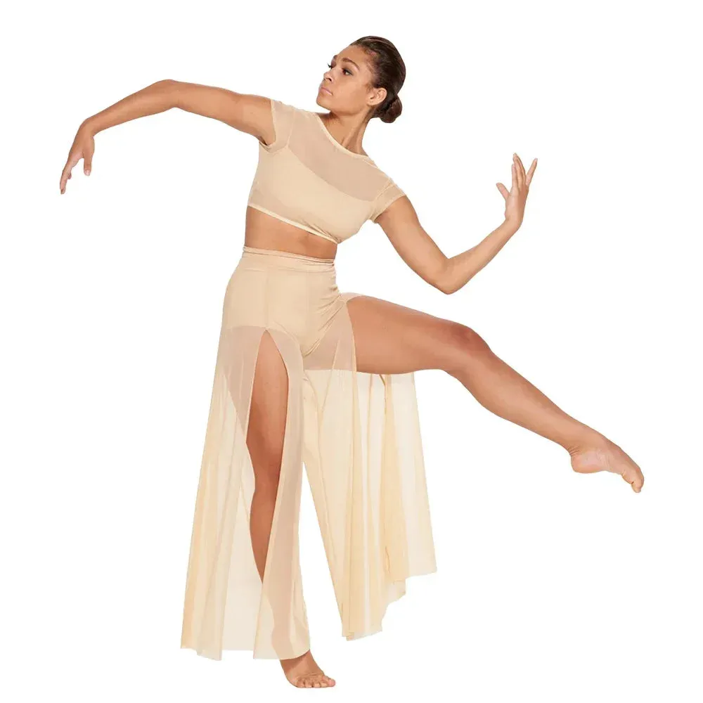 LC990  Modern Ballet Dance Mesh Top Wide Leg Pants Attached 2 Piece Lyrical Outfit -Stage Costume