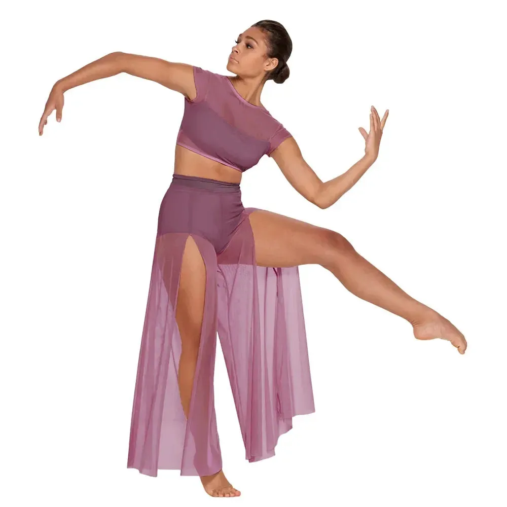 LC990  Modern Ballet Dance Mesh Top Wide Leg Pants Attached 2 Piece Lyrical Outfit -Stage Costume